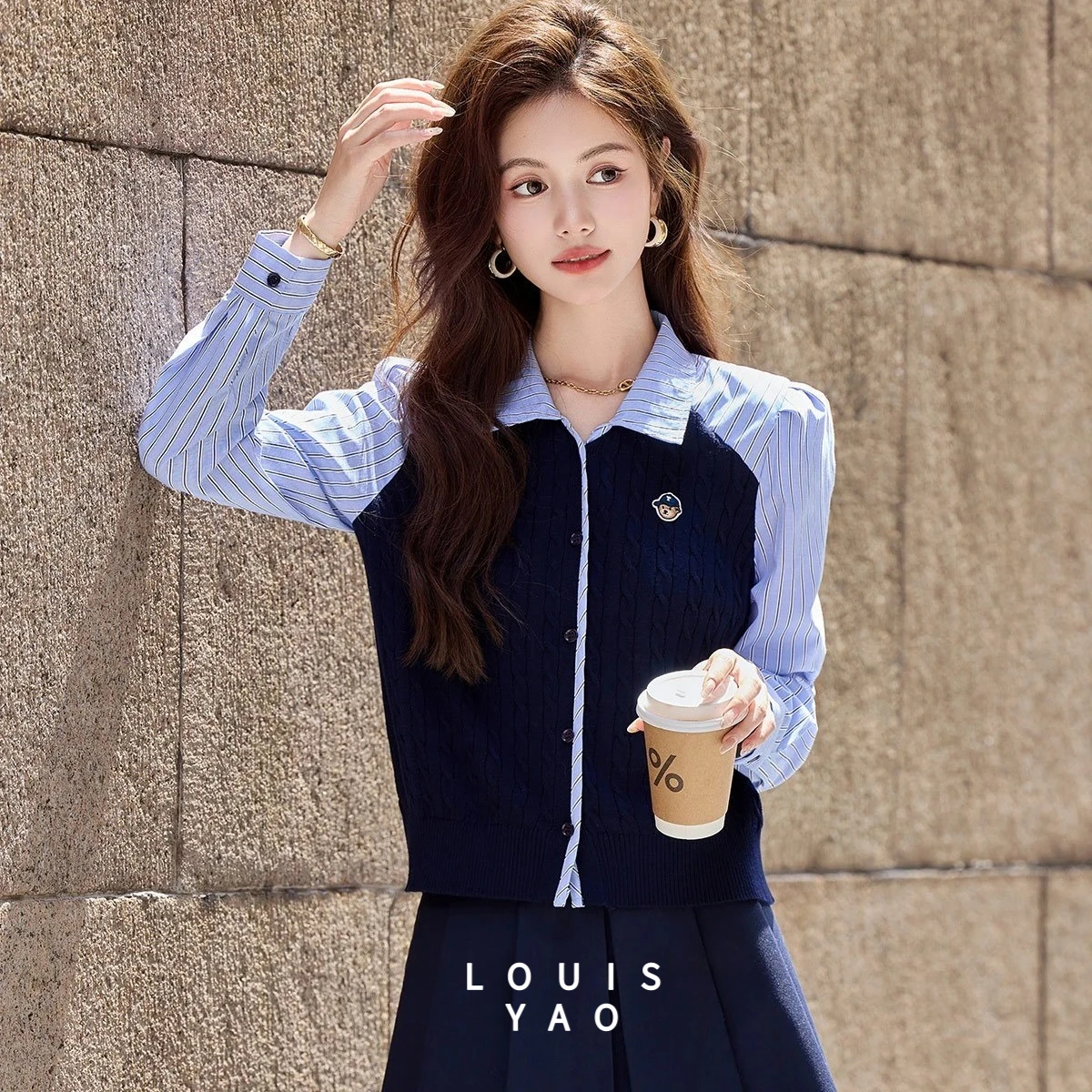 

LOUISYAO New Gentle Splicing Colour Clash Women's Sweater Shirt 2025 Autumn Long Sleeve Knitwear Cardigan Embroidered Logo Tops