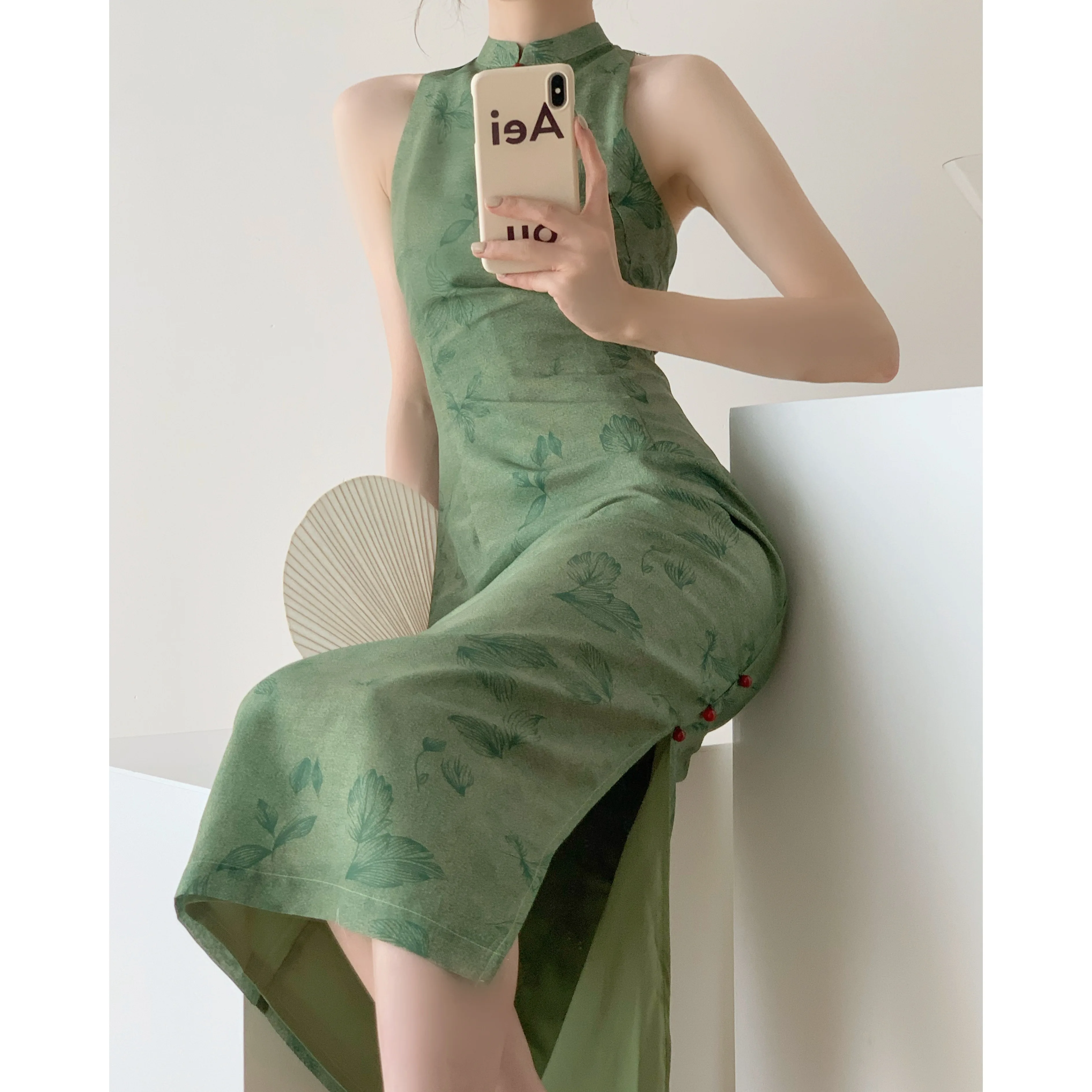 

RosEvans Cheongsam Dresses Retro White and Green Improved New Chinese National 2022 Summer Dress Women Cheongsam Dress