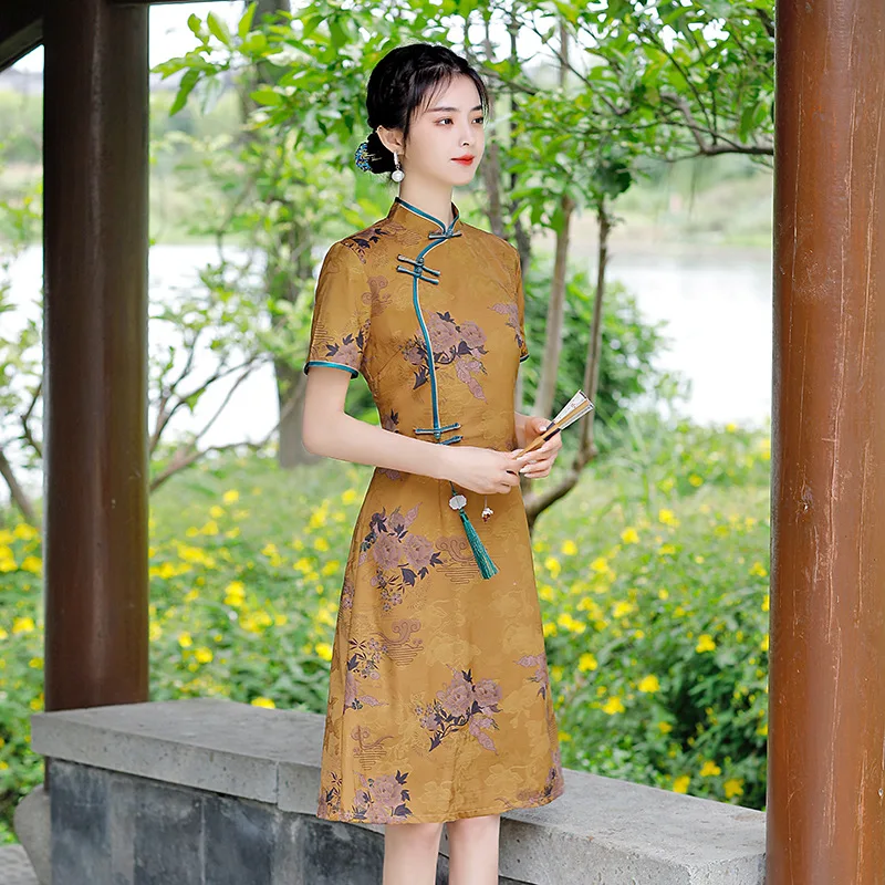 

Yourqipao Summer Chiffon Cheongsam Temperament Improved Mid-length Chinese Style Elegant Evening Party Dress Qipao for Women