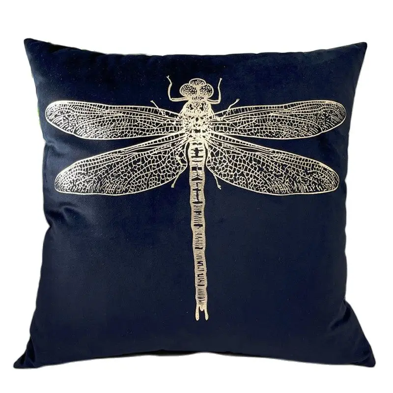 Hot Selling Insect Dragonfly Foil Printing Velvet Garden Cushion Cover Gold Stamping Throw Pillowcase Chair Cushion Cover