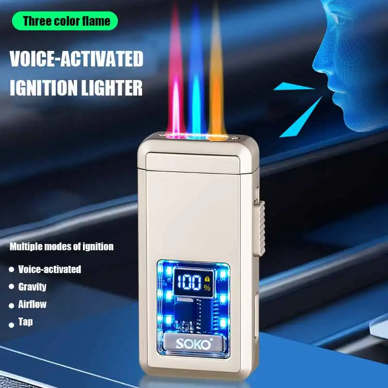 

Three Colors Flame Voice-activated Lighter Power /Ignition Count Display Type-C Charging LED Dazzling Lights Visible Gas Window