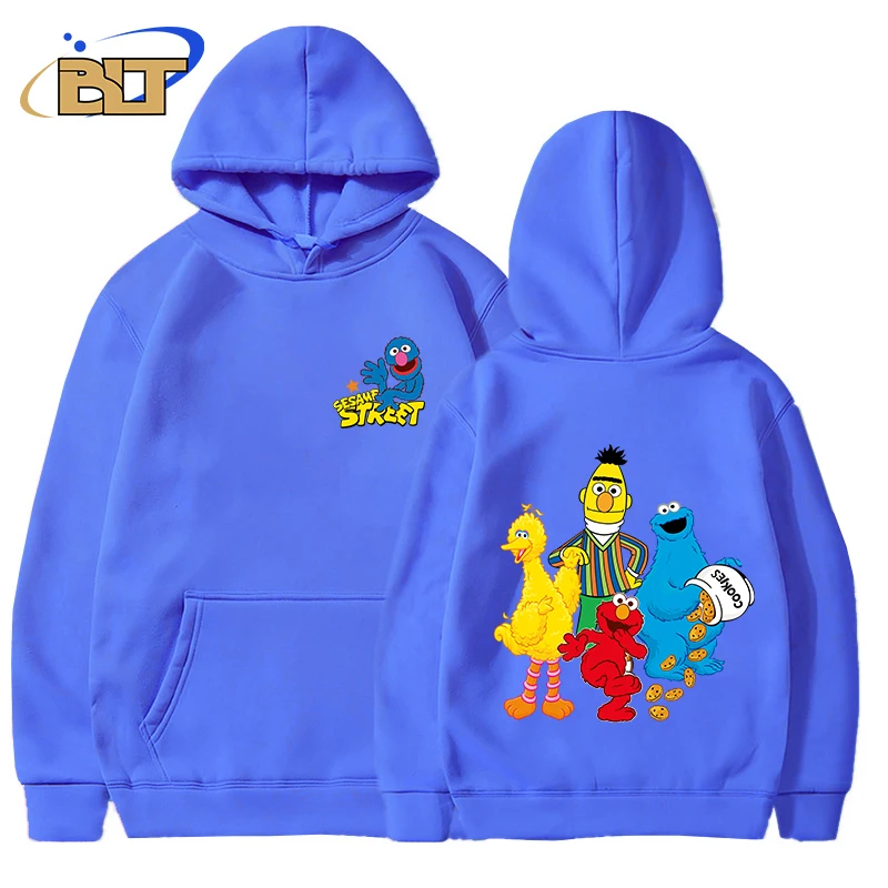 Sesame Street Printed Men\'s Autumn and Winter Hoodie Plus Fleece Sports Sweatshirt Blue Loose Top