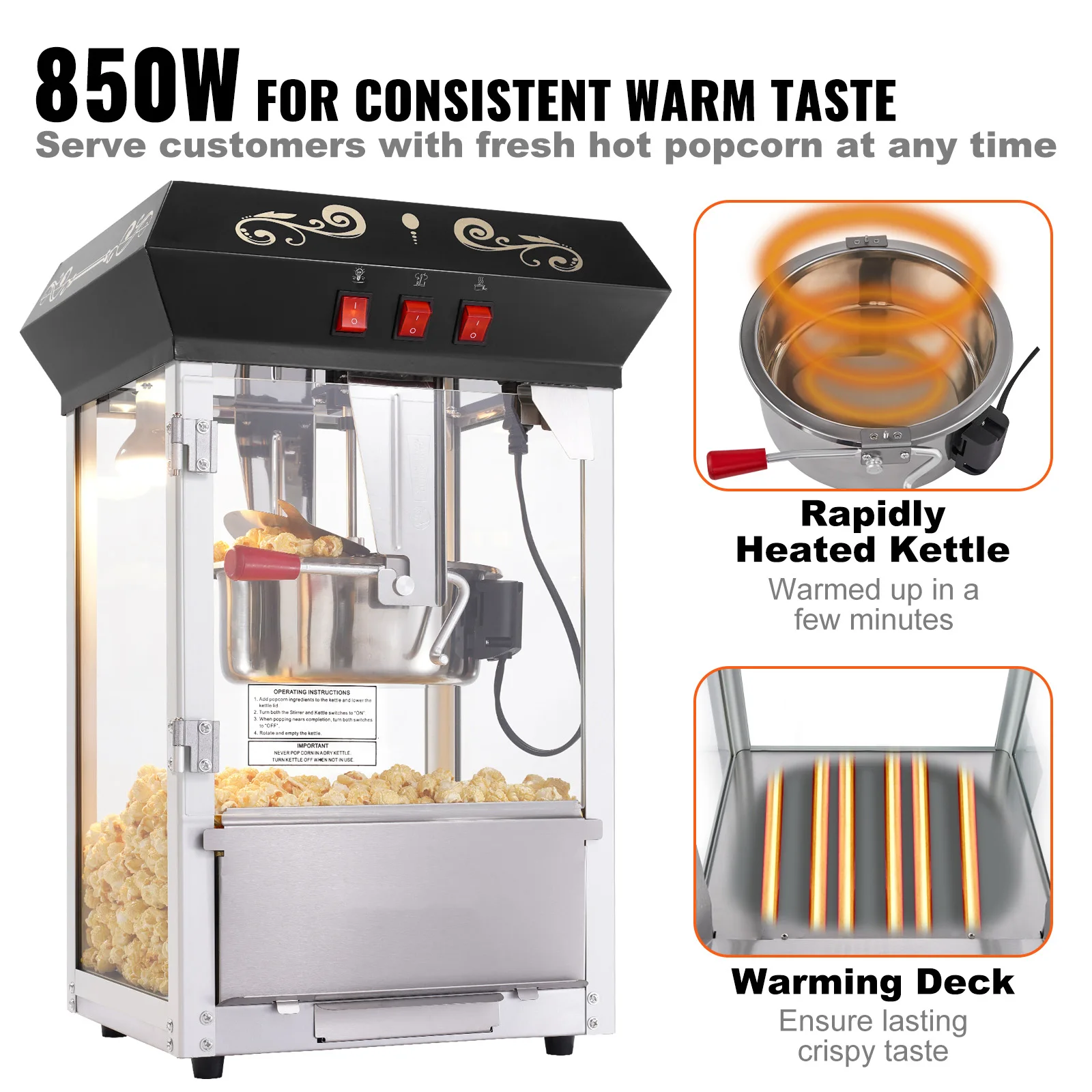 SucceBuy Máquina de pipoca 850W Máquina de pipoca de 8 onças Chaleira faz 48 copos por lote Máquina de pipoca de bancada para uso comercial