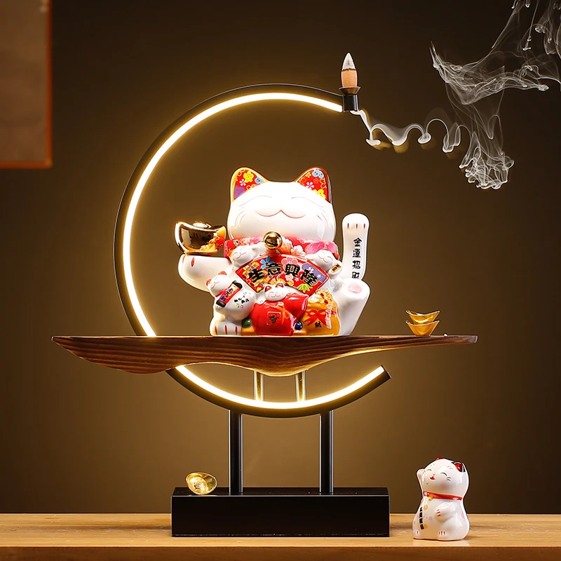 Chinese-style lucky light-emitting ornaments ceramic automatic shaking hands to make money office living room gift