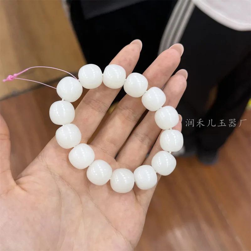 Natural Sheep Fat White Old-Style , 14*15 Mm Hetian Jade Bead Bracelet