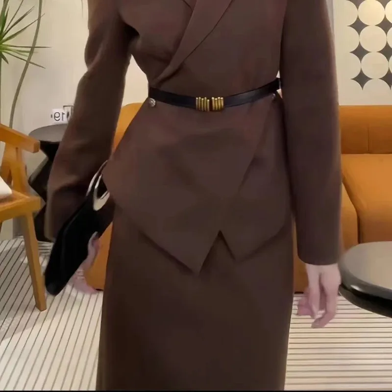 UNXX Autumn/Winter Vintage Casual Waist Wrapped Suit Coat Half Skirt Set Black Hepburn Belt Suit Half Skirt Two Piece Sets Women