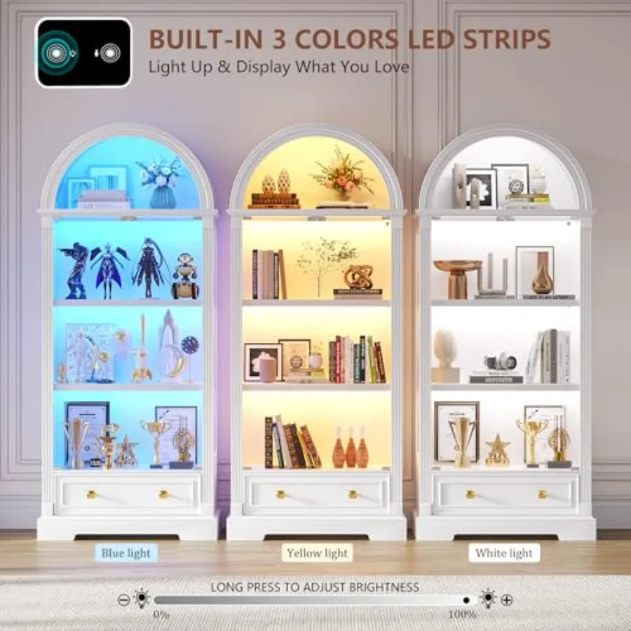 Arched display cabinet for living room, tempered glass doors, white finish, human sensor LED lights, 4-tier curio cabinet for c view 4