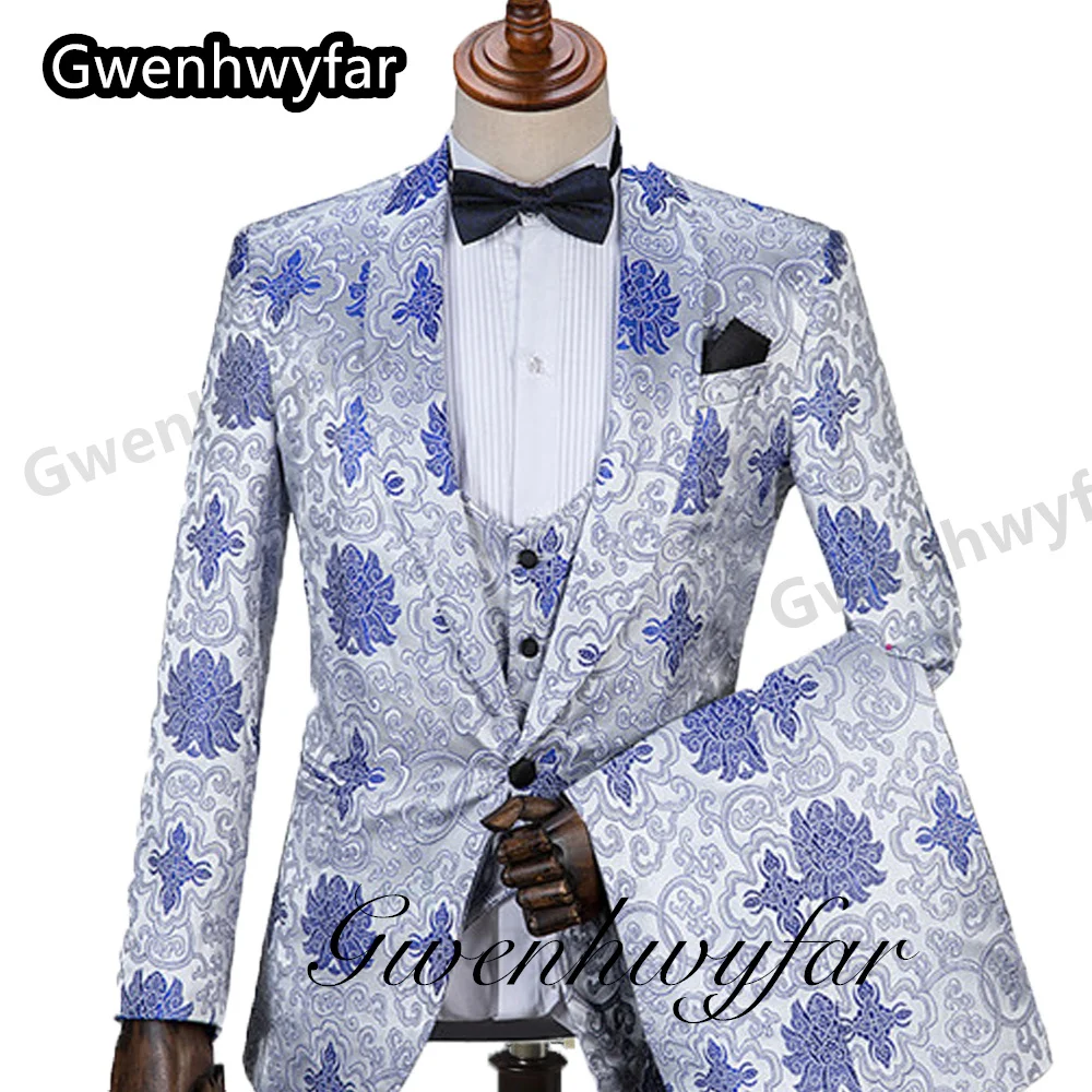 

Gwenhwyfar Latest Arrival Young Men Suits Blue And White Porcelain Fashion Suits Wedding Bridegroom Wear Formal Clothes 3 Pieces