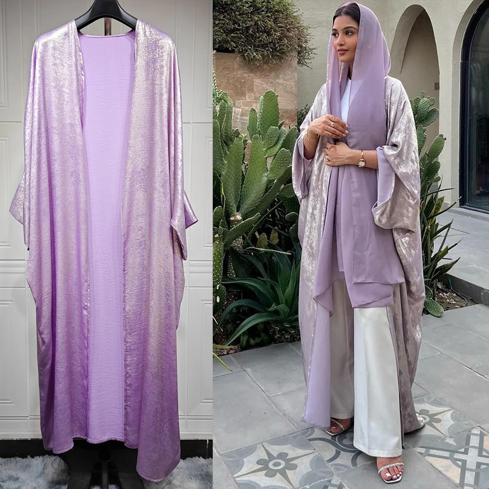 Summer Eid Djellaba Abaya Dubai Shiny Soft Batwing Sleeves Muslim Robe Silky Abaya Dubai Turkey Muslim Dress Islam Open Abayas