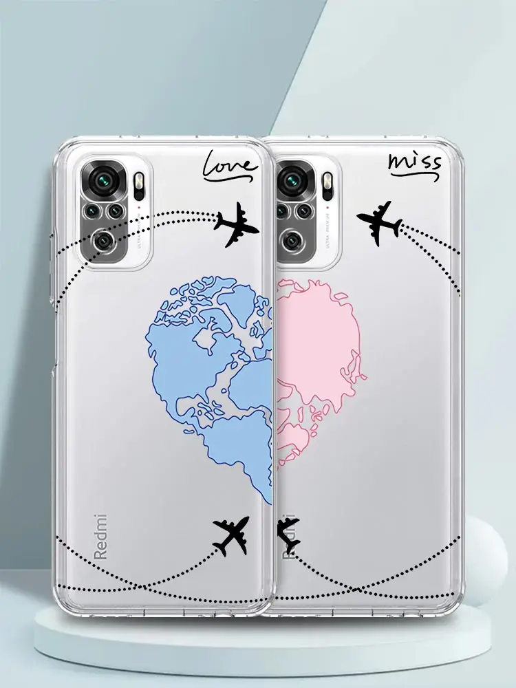 Planes World Map Travel Love Heart Couple Case For Xiaomi Redmi Note 12 5G 9S 9 8 10 11 Pro Plus 4G 9T 8T 10C 9C 9A 7 Cover