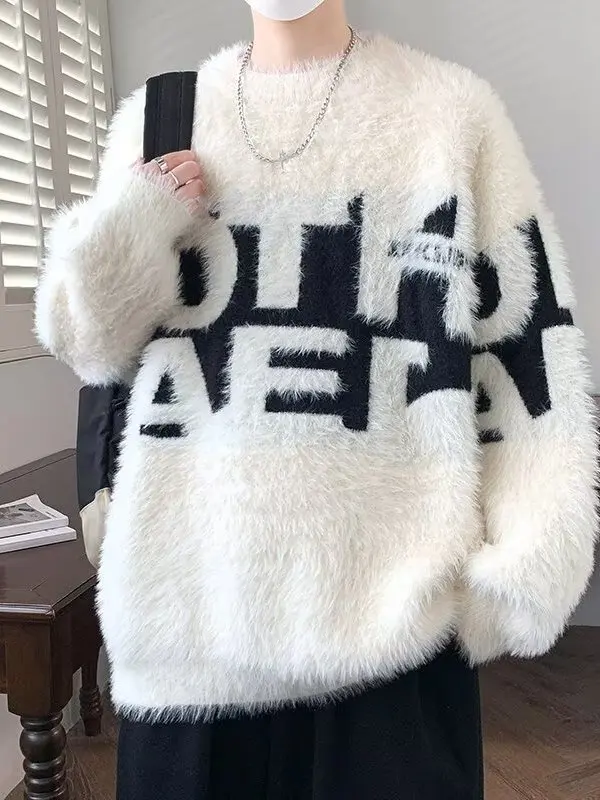 

Мягкий вязаный свитер для мужчин, осенне-зимний, молодежный, с надписью, теплый базовый, повседневный, с круглым вырезом, длинный рукав, полиэстер...