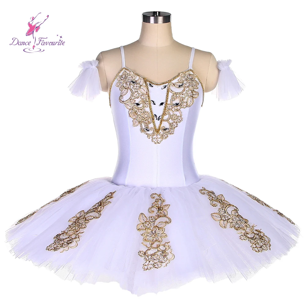 

BLL491 White Spandex Bodice Pre-professional Ballet Tutu Girl & Women Dance Costume Ballet Competition Tutu Gold Trim Tutu