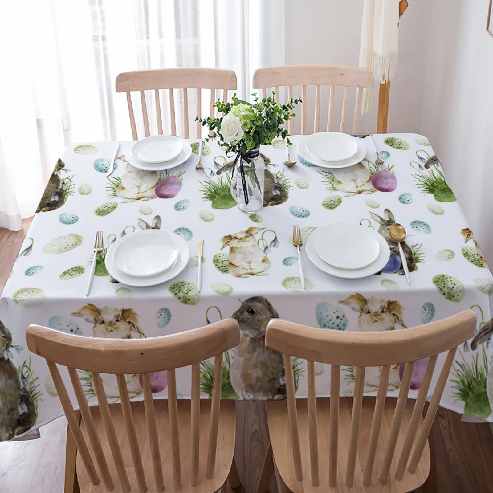 Easter Bunny Egg Watercolor Tablecloth Waterproof Wedding Dining Decor Table Runner Holiday Cake Floral Decor Table Cloth