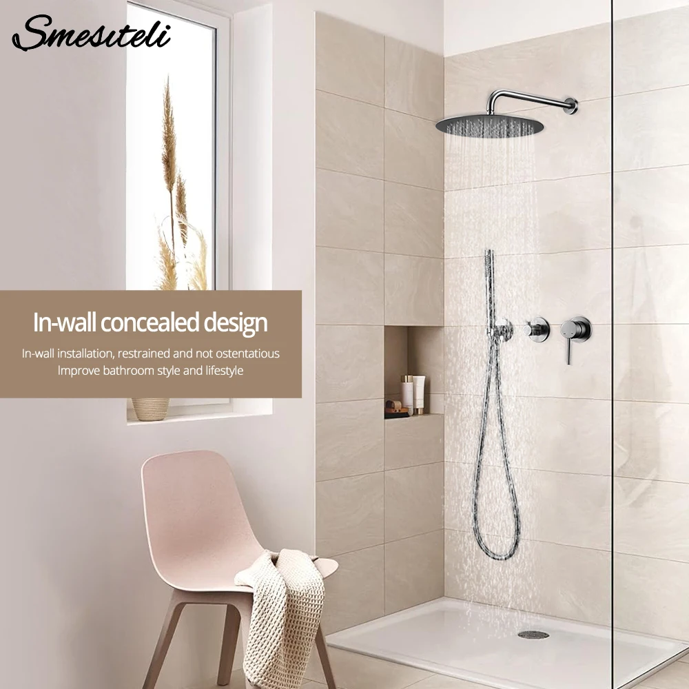 Gunmetal Shower Faucet  8-16'' Wall Mounted Concealed Control Support Hot&Cold Bathroom Tap Handheld 2 Ways  Rainfall Shower Set