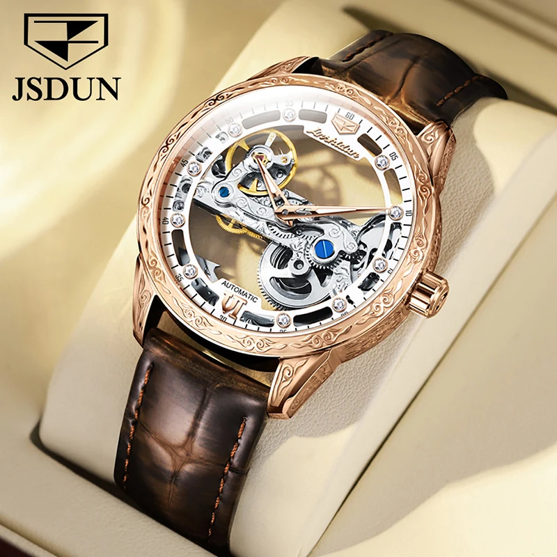 

JSDUN Brand Fashion Skeleton Mechanical Watch For Men Leather Strap 30M Waterproof Luxury Automatic Hollow Men Watch Reloj