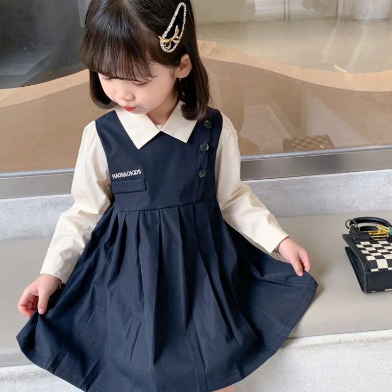 Girls Dress Autumn New2024Korean Preppy Style Fake Two-Piece Long Sleeve Lapel Suit Skirt