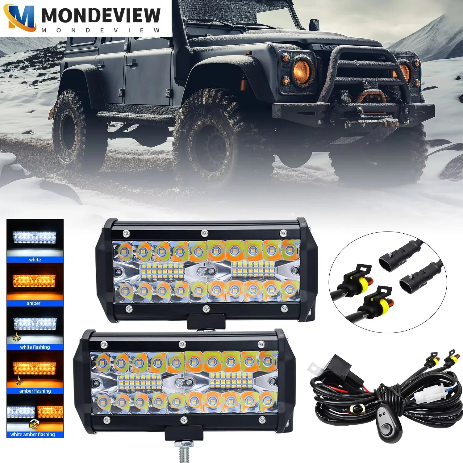 MONDEVIEW Three Row 4/7-inch L7 Wire Group Work Light 6000K 220W 22000LM Flashing Off-road Vehicle LED Auxiliary Spotlight