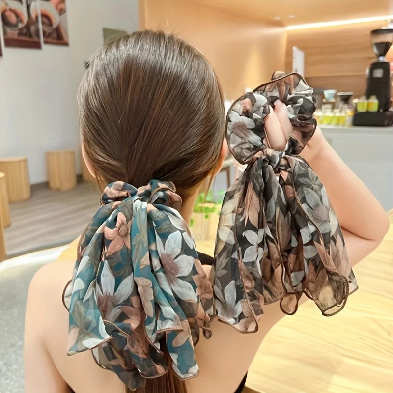 

French Chiffon Bow Headband & Velvet Ponytail Clip Set, Vintage Floral Lace Hair Accessories for Wedding Daily, Elegant Gift