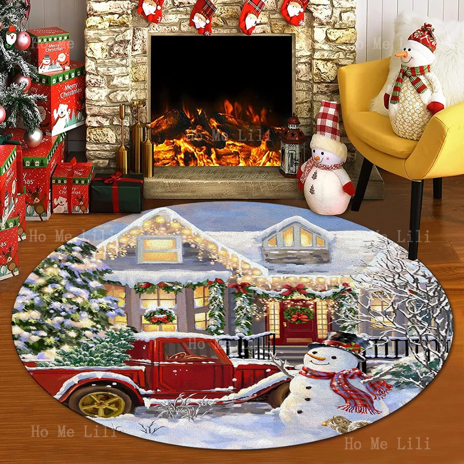 

Merry Christmas Snowman Happy New Year Red Truck Snowflake Xmas Tree Buffalo Plaid Red Non-Slip Round Rugs