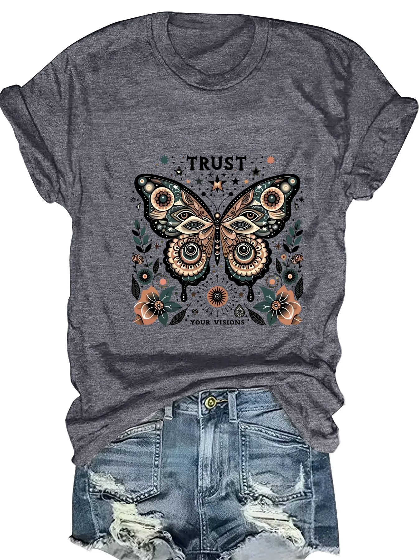 

Fashionable Butterfly Pattern Print round Neck Short Sleeve Top for Women Stylish Casual Wear