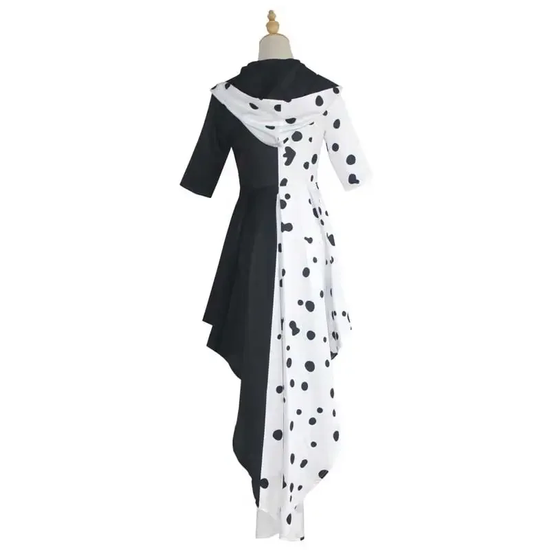 Ragazze donne male signora Cruella De Vil Costume Cosplay abito nero bianco cameriera vestito guanti parrucca Halloween Party Fancy Dress