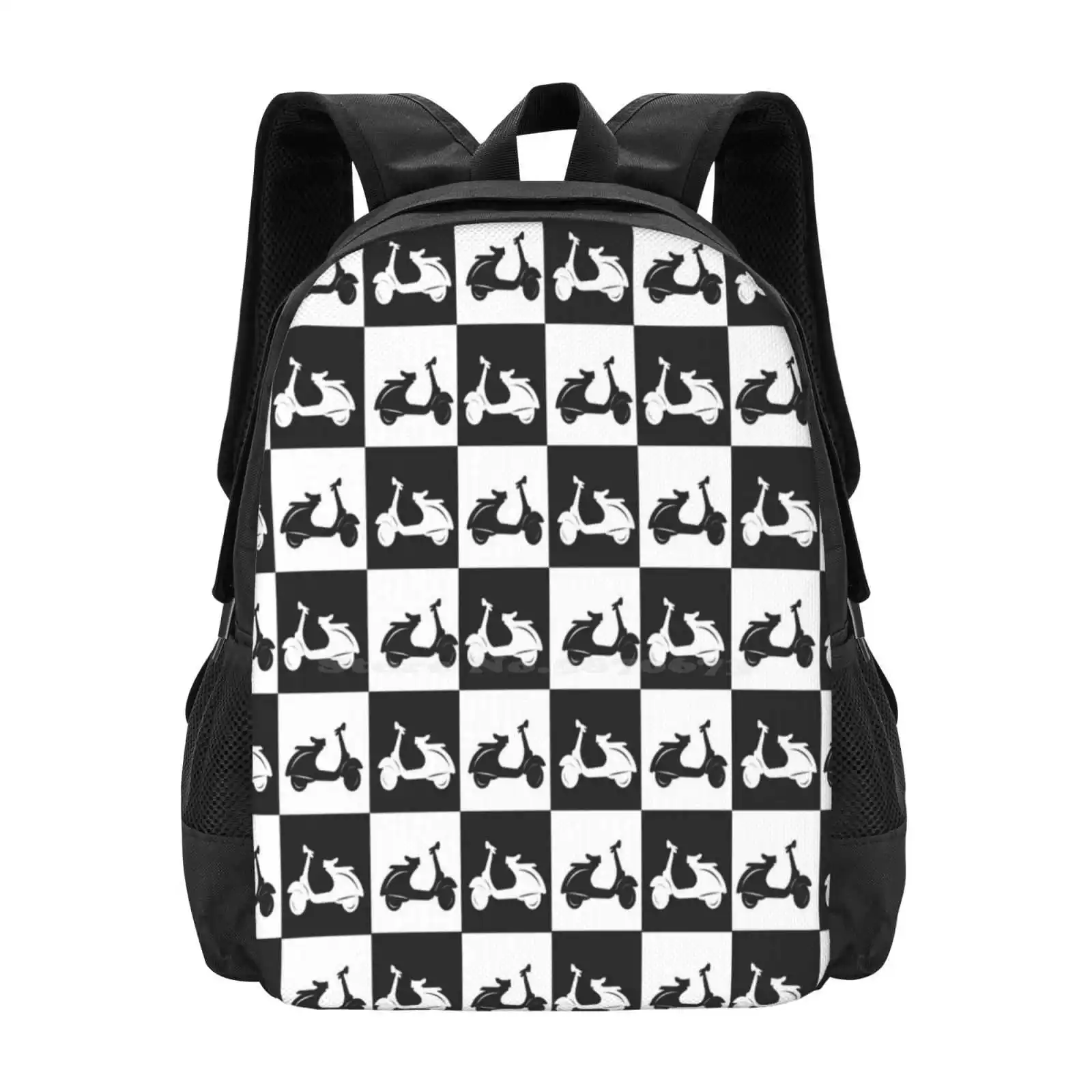 Mod Checker Black And White Lambretta Scooter New Arrivals Unisex Bags Student Bag Backpack Lambretta Ska 2 Tone Scooter Black