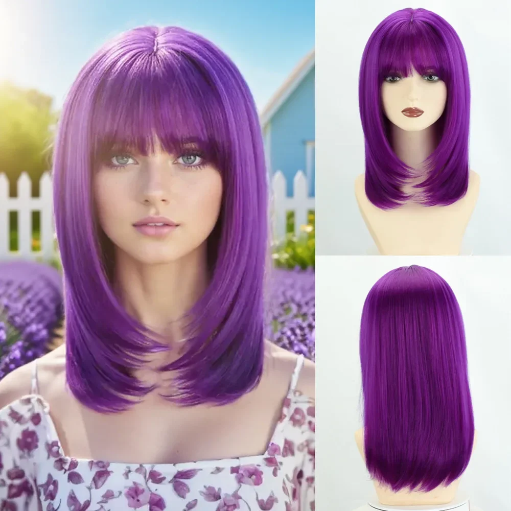 European Synthetic Long Straight Hair Inner Lock Bone Hair Chemical Fiber Head Cover Medium Length Purple Anime Cosplay Wig