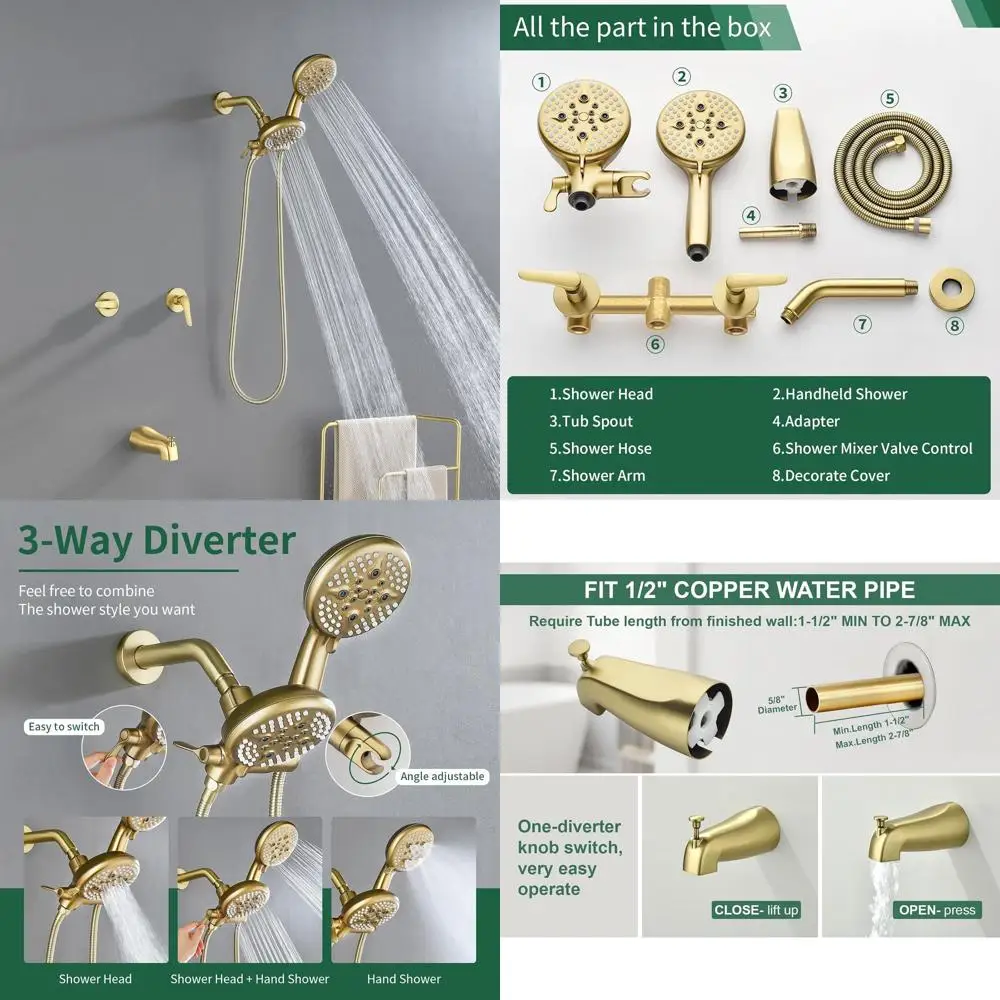 

Комплект смесителя для ванны и душа с двумя ручками и изливом, полный монтажный комплект, отделка матовое золото