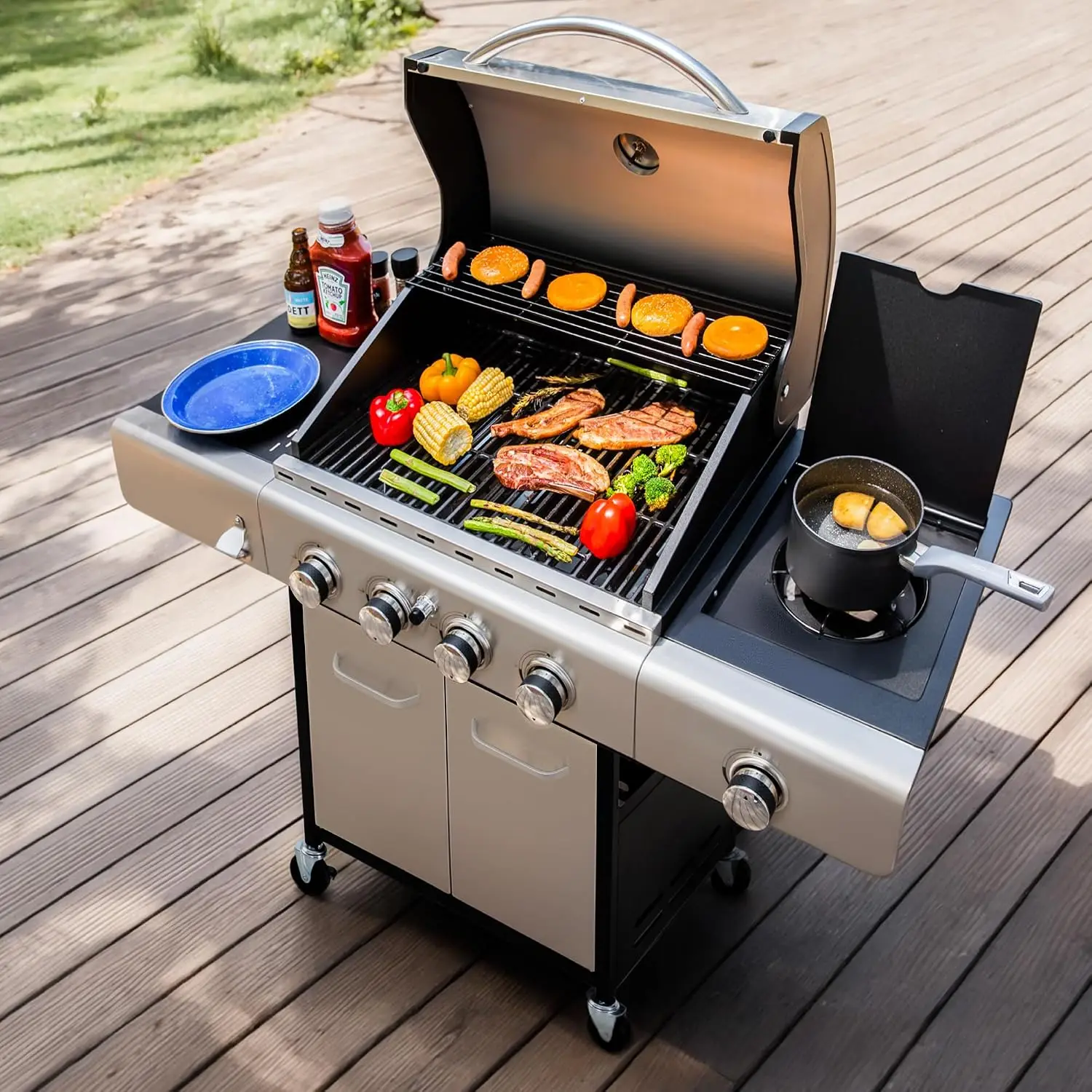 4 Burner Stainless Steel Propane Grill with Side Burner, Silver, Customized