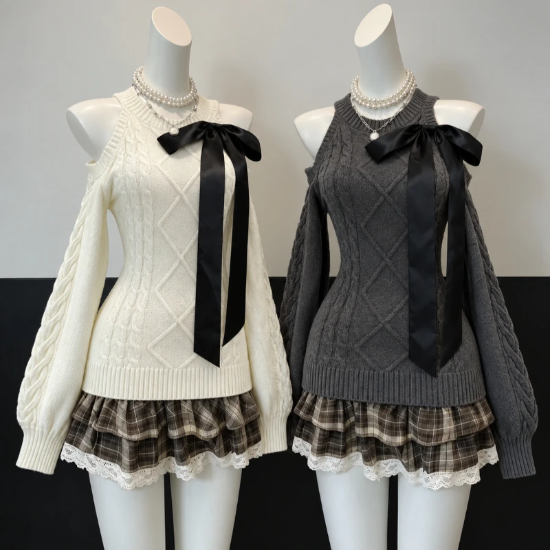 Damen Koreanischer Harajuku Y2K Süßer Strickpullover Langarm Weicher Pullover Lässiger Loser Pullover Tägliche Freizeit-Oberteile Streetwear-Outfits