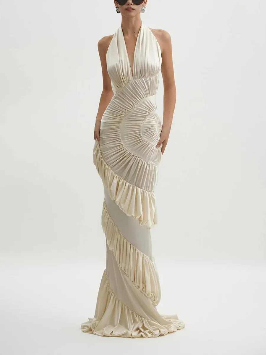 JHJN French Women Fashion Splice 3D lotus leaf Edge irregular Waist-Cinching Fish Tail Dress Banquet Dress