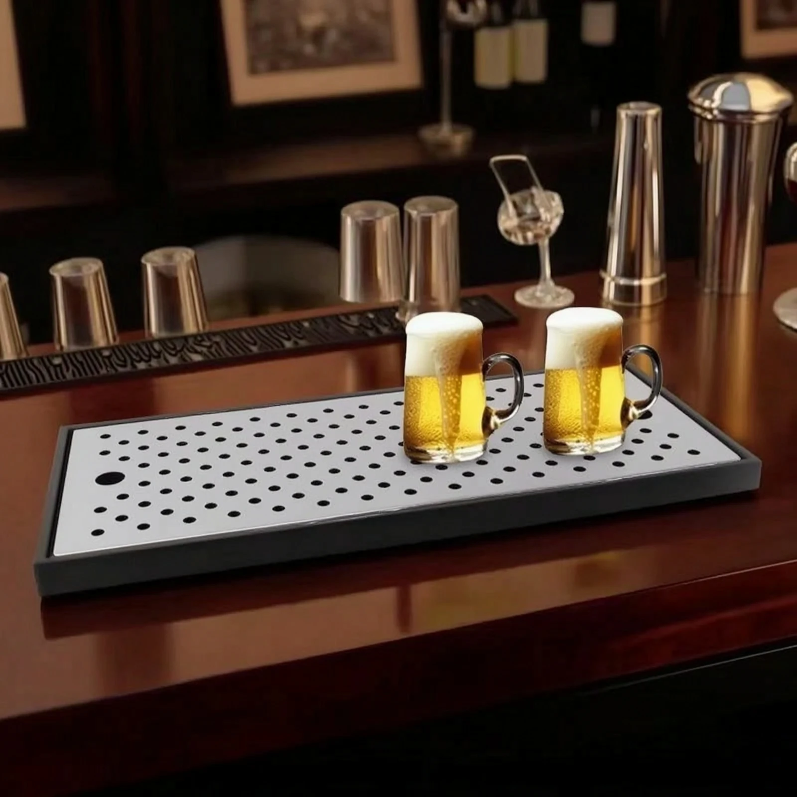 Spill Tray with Perforated Top Stainless Steel Beer Spill Tray Sleek-Profile Rectangular for Homebrewers, Home Bar