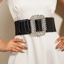 Plus Size Elastic Corset Belt Rhineston Strass Buckle Female Waist Stretch Cummerbunds Dress Waistband Black Belts For Women