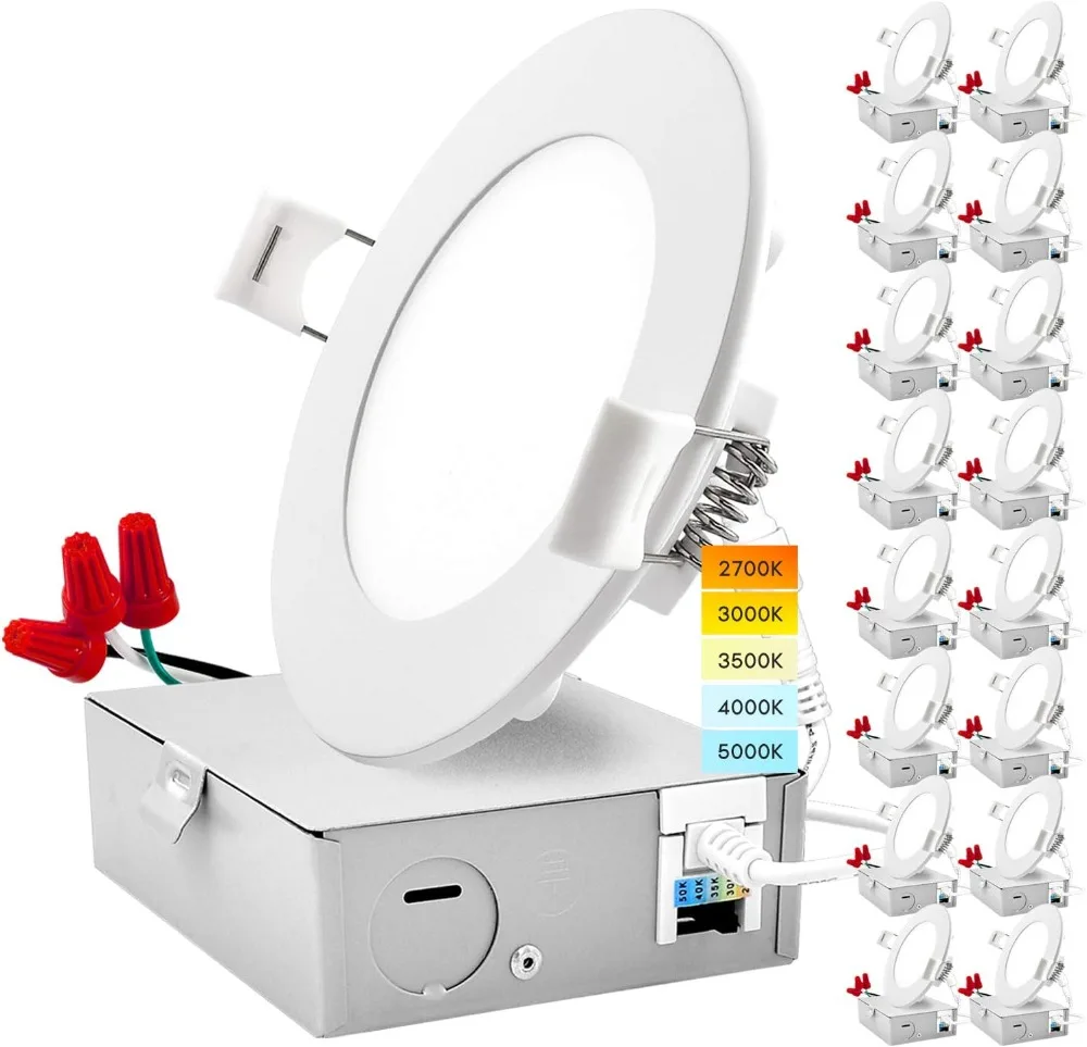 LUXRITE 16 Pack 4 Inch Ultra Thin LED Recessed Light with Junction Box, 10W, Color Selectable 2700K  3000K 3500K 4000K