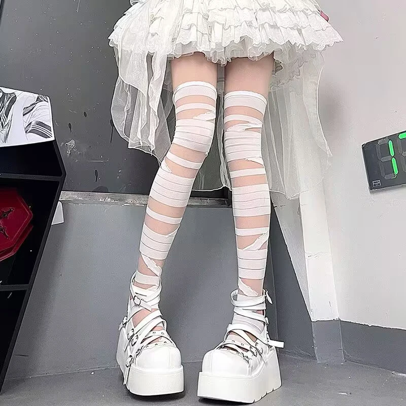 Lolita Black And 1PC White Bandages Thin Jk Uniform Cross Straps Long Knee Length Stockings Women\'s Cosplay Sexy Thigh Stockings