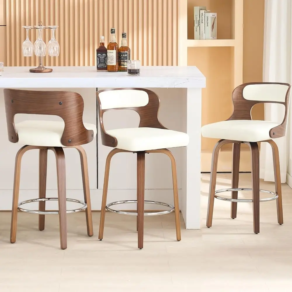 

White Leather Swivel Bar Stools with Bentwood Legs, Set of 3 for Kitchen or Restaurant, 26 Counter Height