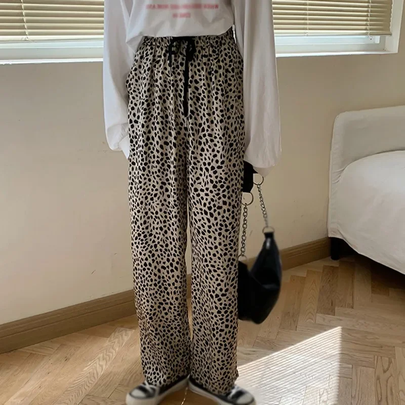 Calças casuais femininas com estampa leopardo de cintura alta, streetwear feminina, moda outono, calças largas de perna larga, calças de venda quente, 2023