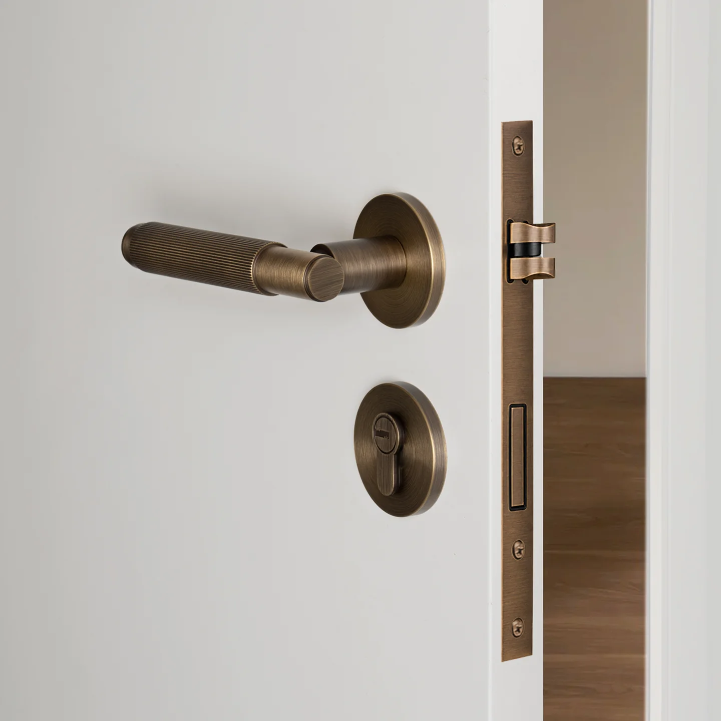 DOOROOM  Brass Door Lock Set Simple Stripes Texture Design Interior Door Lock Decorative Lock Privacy Lock Passage Lock