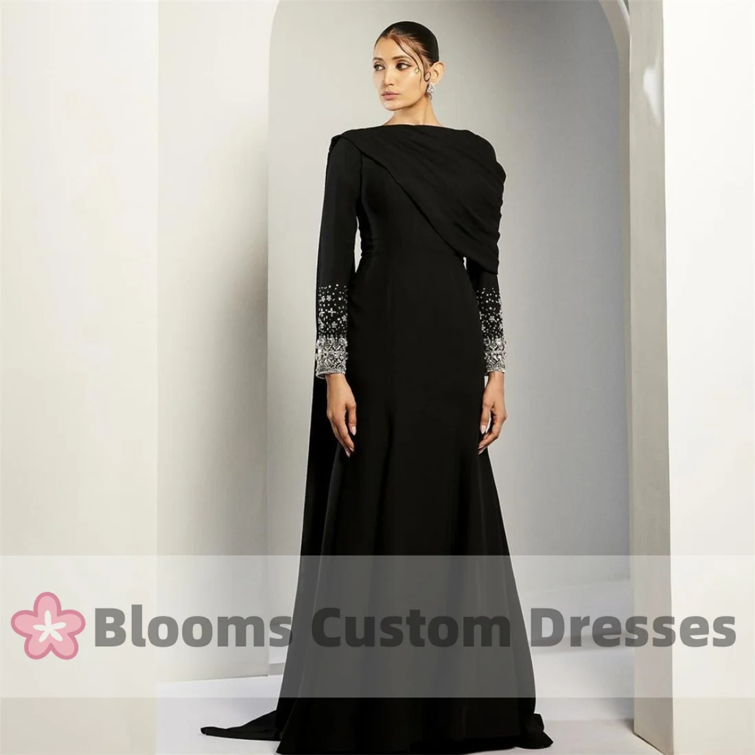 Blooms Black Long Cape Beaded Long Sleeves Customized Evening Dress Elegant Prom Dress Floor-Length Wedding Formal Party Gown