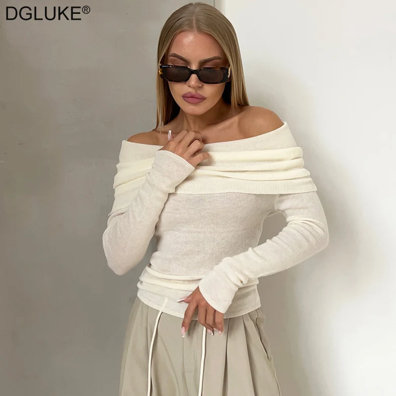 Off Shoulder Sweater Women Solid Wool Cashmere Sweater Slash Neck Long Sleeve Knitted Top Female Jumper Sweaters Autumn Winter