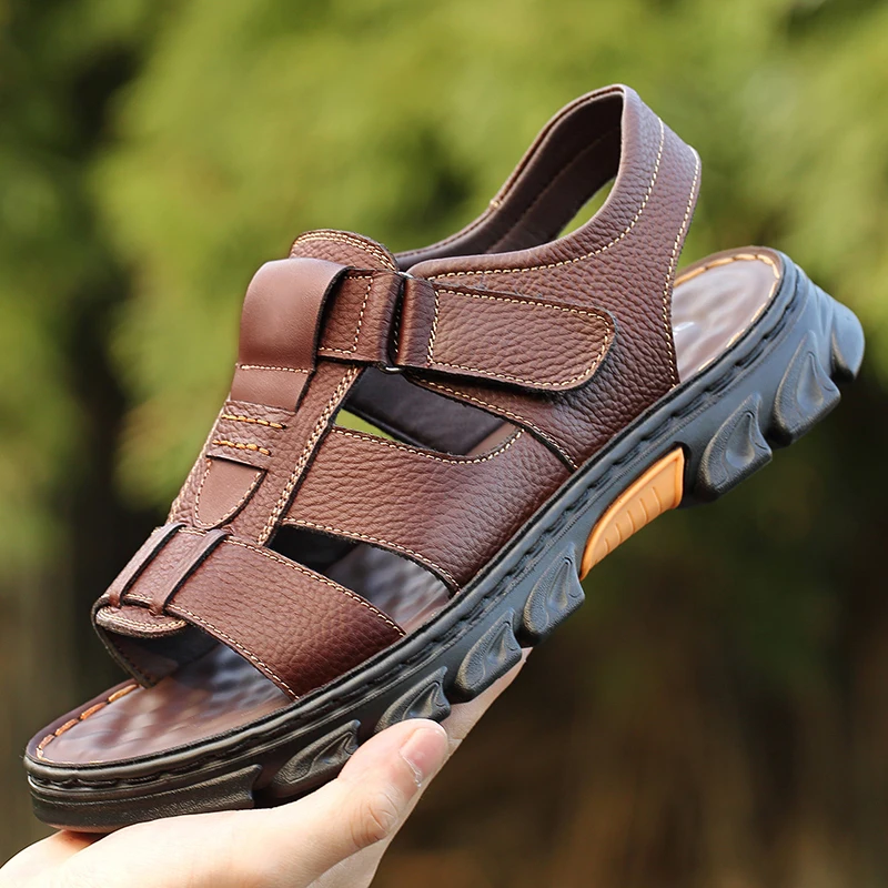 Summer Soft Leather Sandals Men Lightweight Outdoor Comfortable Beach Casual Shoes Genuine Leather Walking Footwear Sandalias