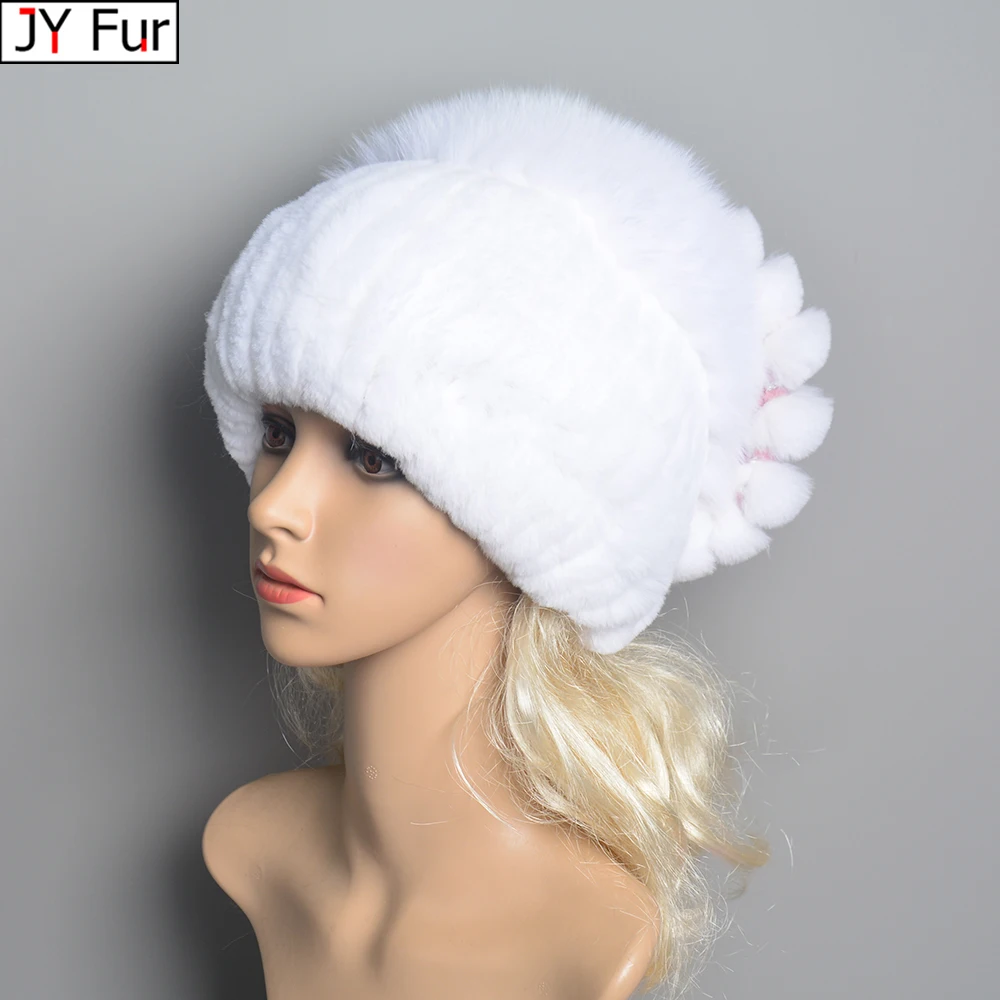 

Russia Lady Winter Real Fur Hat Women Warm Knitted Genuine Rex Rabbit Fur Hat Top Natural Fox Fur Bomber Caps Rex Rabbit Fur Cap