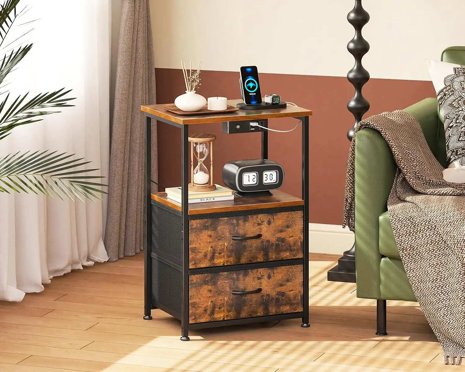 Nightstand Set of 2 with Charger Station \u2014 USB Ports & Outlet, Bed Side Table with LED Lights, End Table with Fabric Drawer image 2