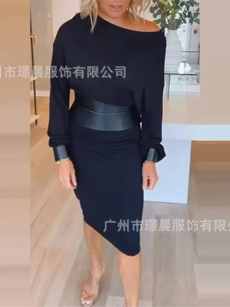 فساتين سوداء غير رسمية خريف جديد أزياء نسائية أنيقة + فستان بحزام جلدي للنساء فساتين حفلات العطلات رداء فام #4