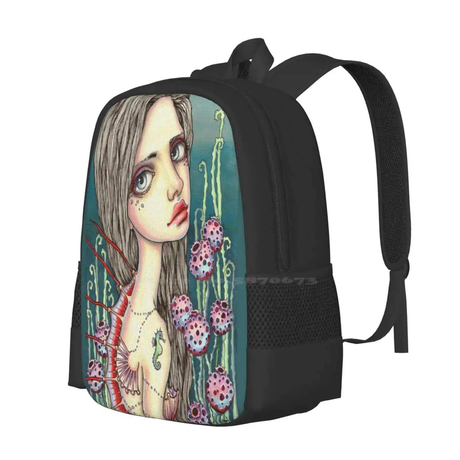 Pattern Design Laptop Travel School Bags Mermaid Fish Fantasy Surreal Pop Pen And Ink Promarkers Fins Sea Underwater Tanya Bond