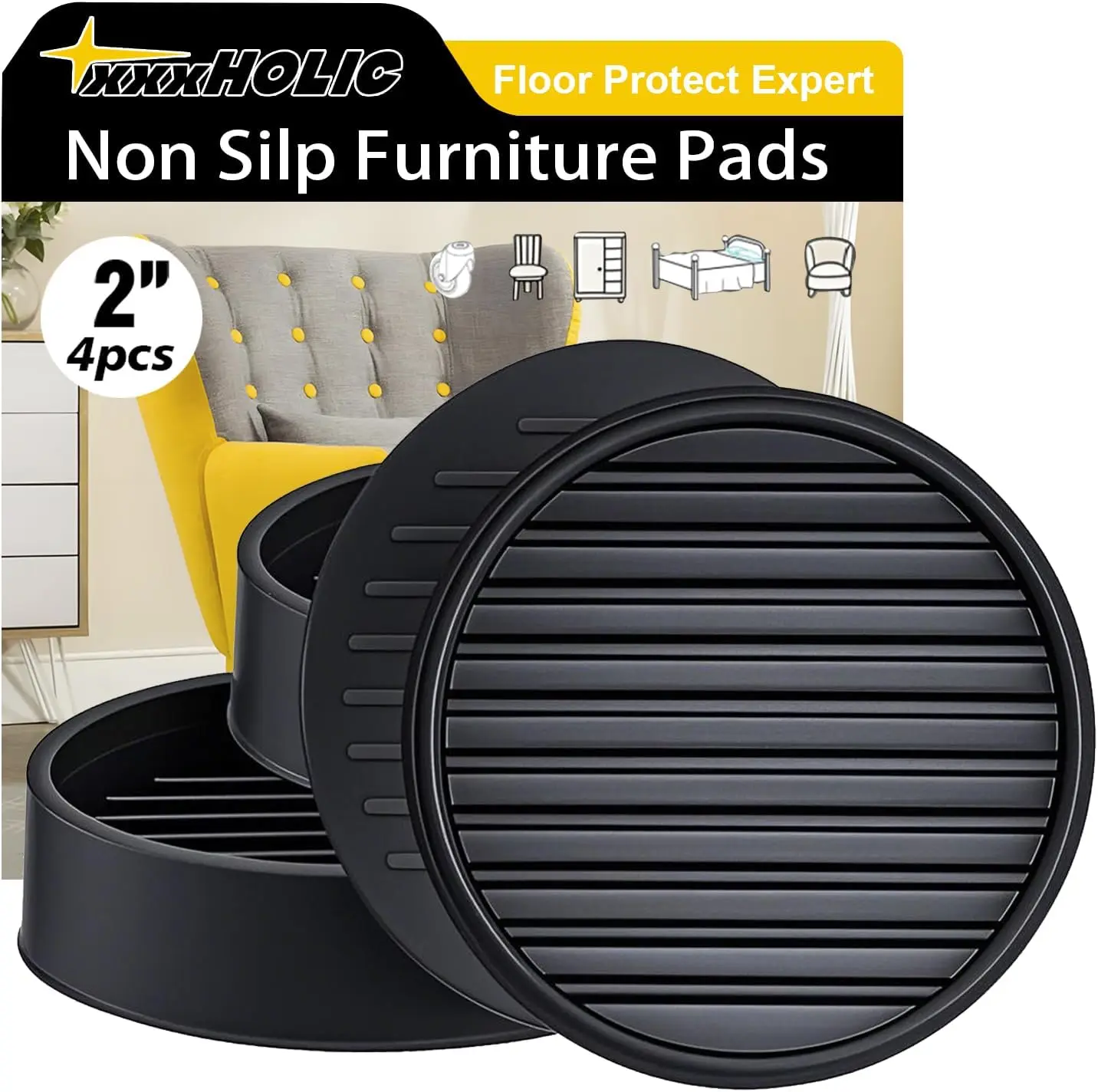 

Non Slip Furniture Pads for Hardwood Floors, 2 Inch Black, Set of 4, Rubber Bed Stoppers to Prevent Sliding, Furniture