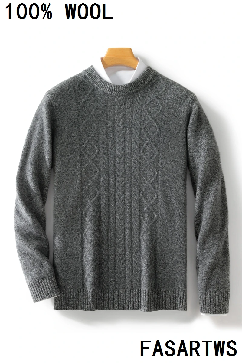 100% suéter de lana australiana, jersey de manga larga con cuello redondo, Otoño Invierno, suéter suave de Jacquard grueso y cálido para hombre, estilo informal
