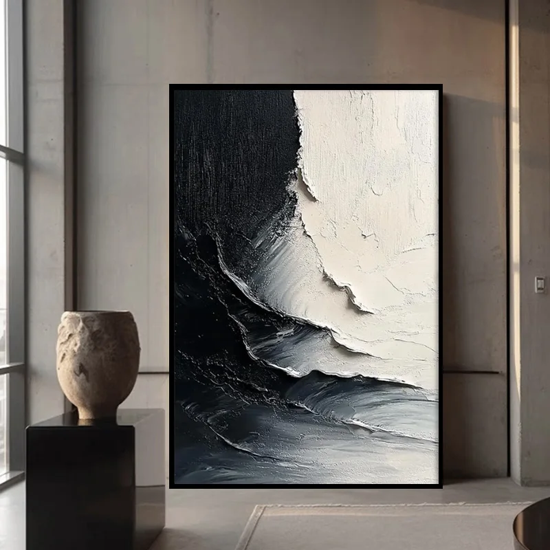 Abstract Style Black Beige Canvas Thick Oil Painting New Special Design Hand Made Grey Black Simple Wall Art Items For Room Deco