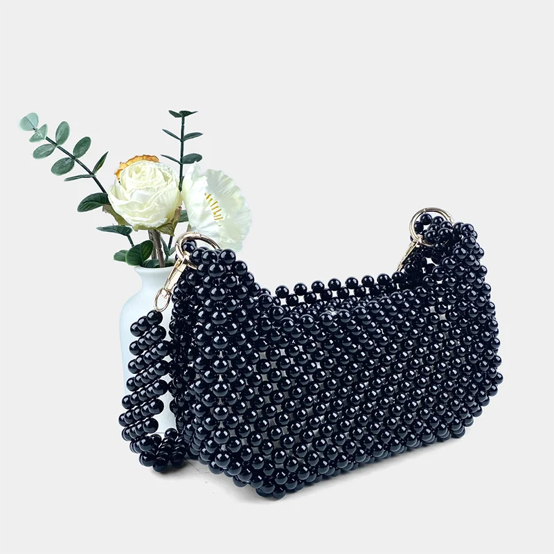 2024 New Chinese style socialite hand woven armpit small square bag bead pearl saddle bag banquet shoulder bag