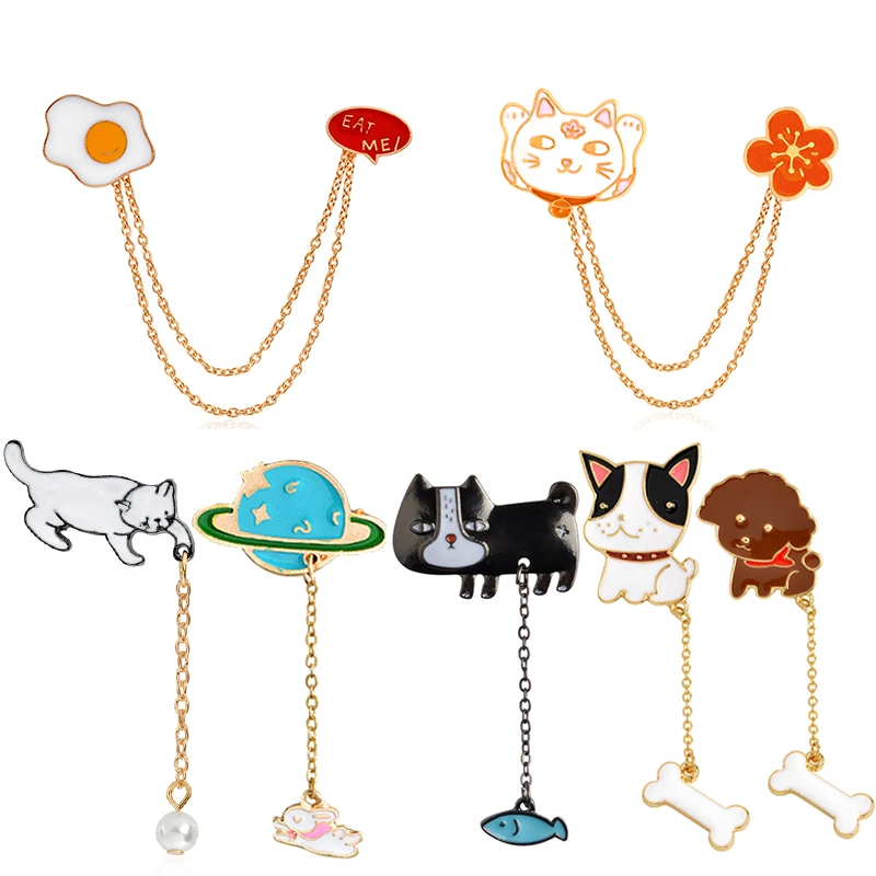 9Styles Cat Dog Enamel Pins Chain Rabbit Planet Egg Flash Mountain Badge Brooches Denim Shirt Lapel Pin Custom Animal Jewelry